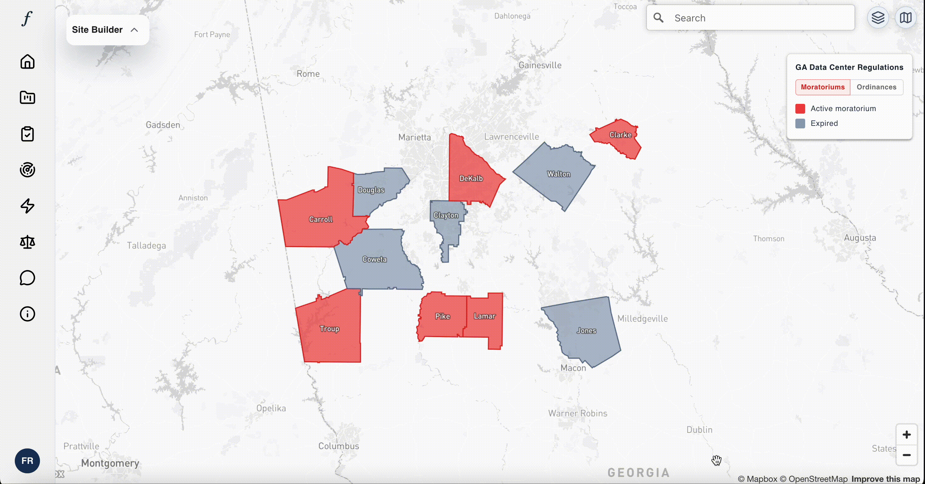 Interactive map showing Georgia county moratoriums on data centers
