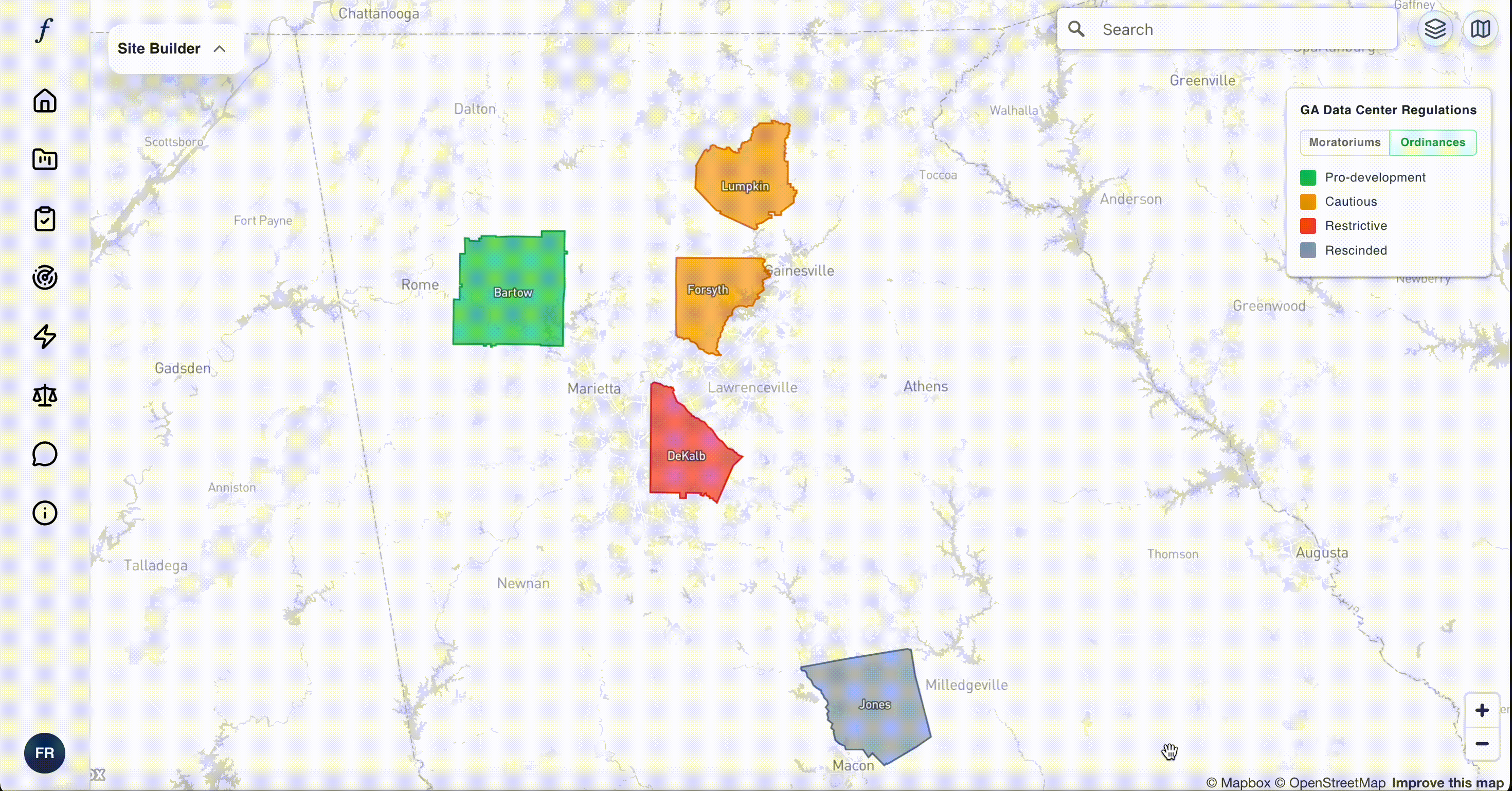 Interactive map showing Georgia county ordinances for data centers