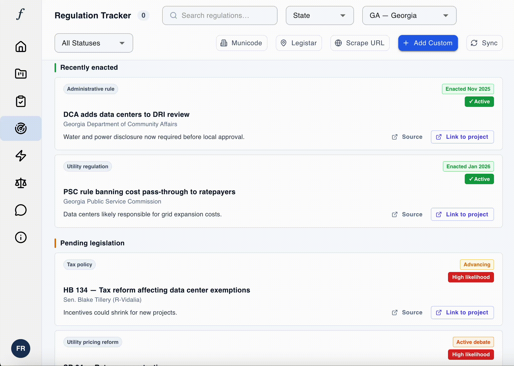 Flotive regulatory tracker showing effects of proposed changes on data center projects